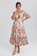 Curveins Plus Size V-Neck Flower Print Pleated Maxi Dress