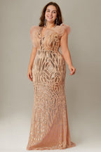 Curveins Elegant Curve Hugging V Neck Sleeveless Sequin Evening Gown