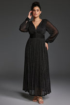 Curveins Plus Size V-Neck Lantern Sleeve Slit Hem Maxi Dress