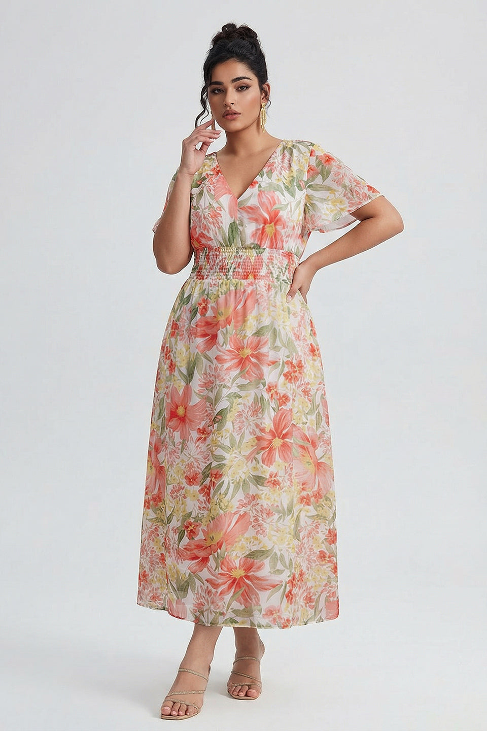 Curveins Plus Size V Neck Batwing Sleeve Cinched Waist Floral Pattern Maxi Dress