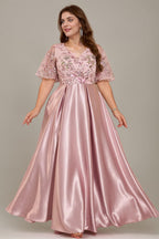 Curveins Plus Size V Neck Sequin Floral Patchwork Elegant Flowy Maxi Dress