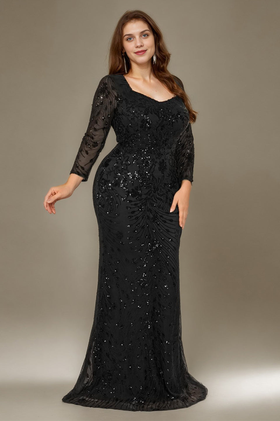 Curveins Plus Size V Neck Long Sleeve Sequin Floral Pattern Elegant Maxi Dress