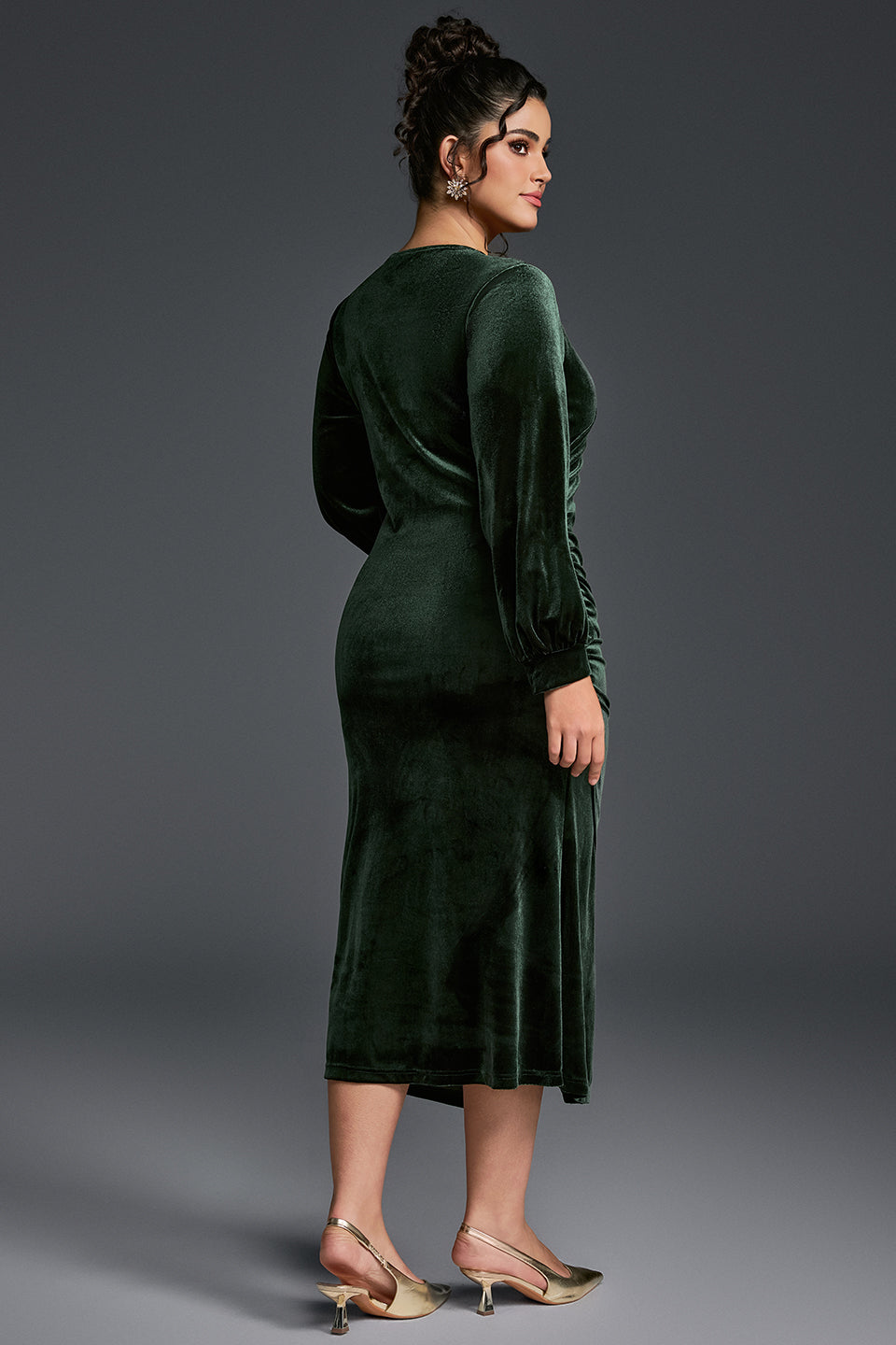 Curveins Plus Size V-Neck Long Sleeves Side Slit Bodycon Midi Dress