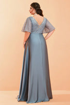 Curveins Plus Size V-Neck Batwing Sleeve Patchwork Maxi Dress