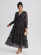 Curveins Plus Size V Neck Long Sleeve Floral Tiered Maxi Dress
