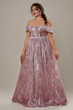 Curveins Plus Size Off-Shoulder Textured Sequin Waist-Defined Maxi Dress