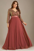 Curveins Plus Size V-Neck Long Sleeve Glitter Patchwork Waist-Fitted Maxi Dress