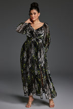Curveins Plus Size Velvet Lantern Sleeve Plain Maxi Dress