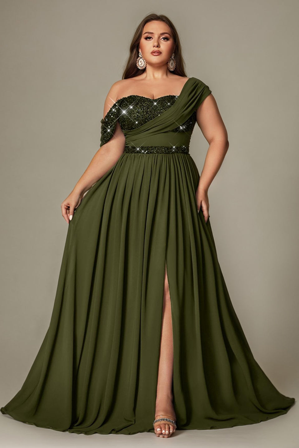 Curveins Plus Size Asymmetric One-Shoulder Sequin Side-Slit Maxi Dress