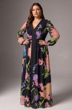 Curveins Plus Size V Neck Floral Long Sleeve Waist Tie Elegant Maxi Dress