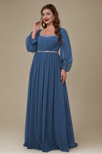 Curveins Plus Size Square Neck Long Sleeve Maxi Dress with Ruched Waist