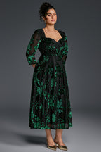 Curveins Plus Size V-Neck Three Quarter Sleeve Patterned Velvet Maxi Dress