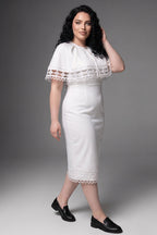 Curveins Plus Size Round Neck Hollow Lace Cape Overlay Bodycon Midi Dress