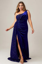 Curveins Plus Size One Shoulder Sequin Velvet Patchwork High Slit Maxi Dress