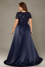 Curveins Plus Size Square Neck Short Sleeve Sequin Waist Defining Belted Maxi Dress