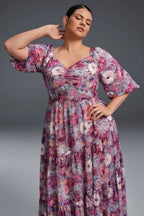 Curveins Plus Size V-Neck Flower Print Pleated Maxi Dress
