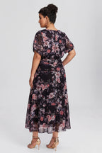 Curveins Plus Size V Neck Puff Sleeve Waist Defining Floral Print Elegant Maxi Dress