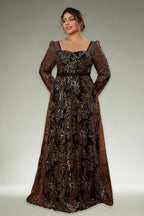Curveins Plus Size Square Neck Long Sleeve Waist-Defined Sequin Pattern Dress