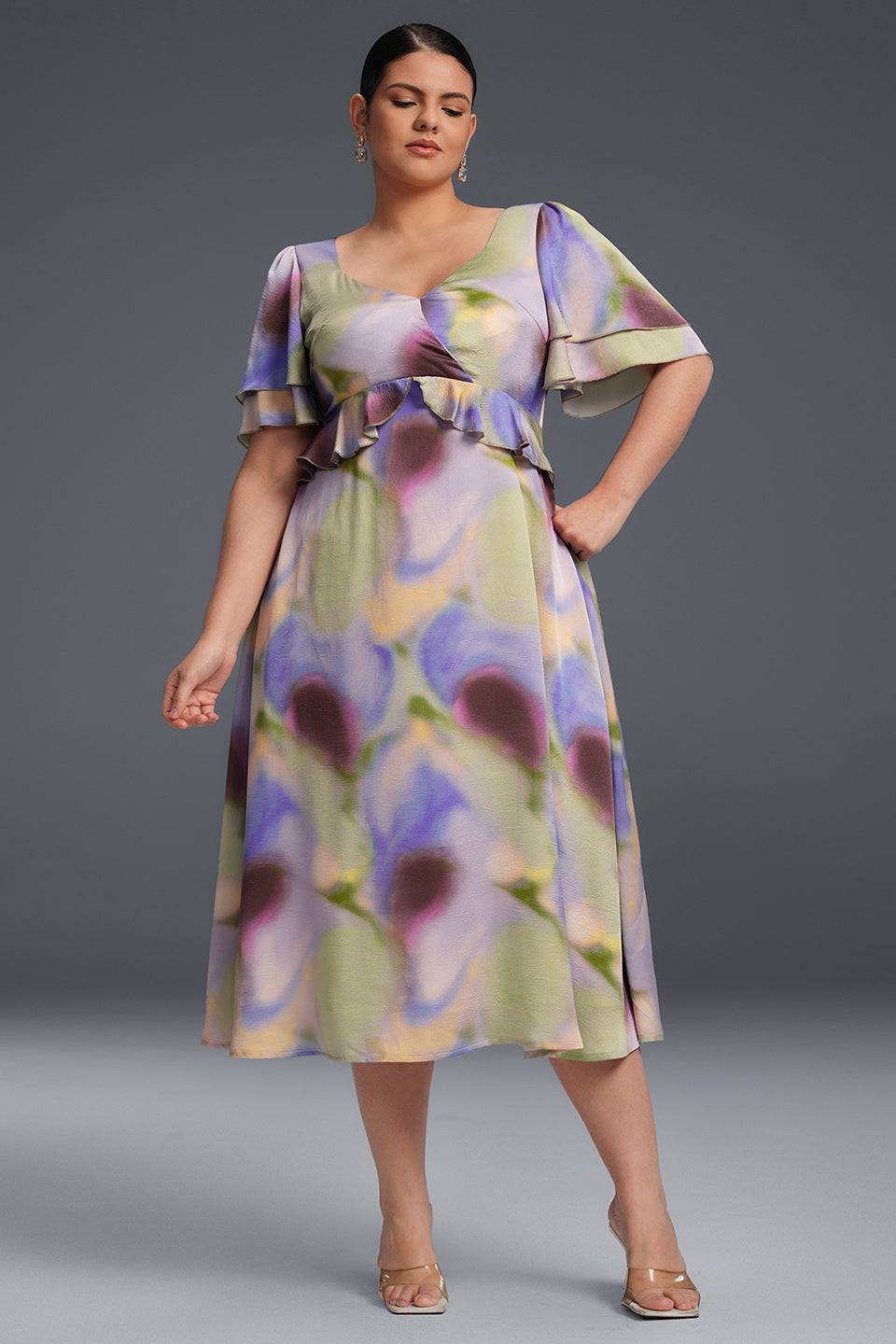 Curveins Plus Size V-Neck Double-Layered Ruffle Sleeve Maxi Dress