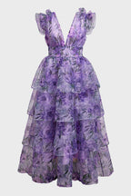 Curveins Plus Size V-Neck Sleeveless Floral Tiered Maxi Dress with Decorative Shoulder Detail