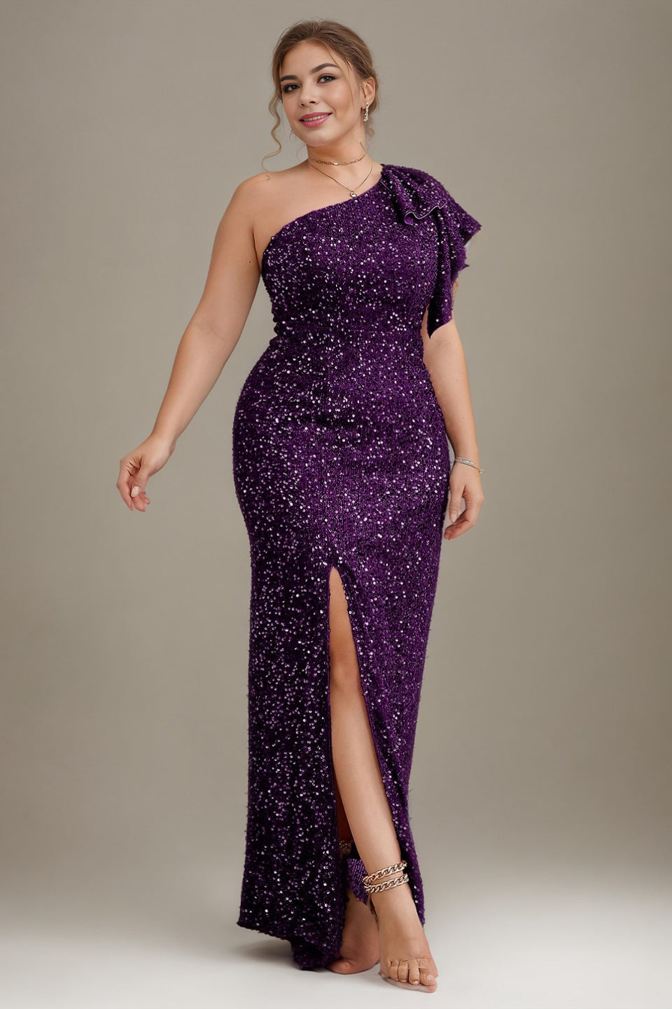 Curveins Plus Size  Sequin One Shoulder Formal Dress