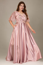 Curveins Plus Size V Neck Sequin Floral Patchwork Elegant Flowy Maxi Dress