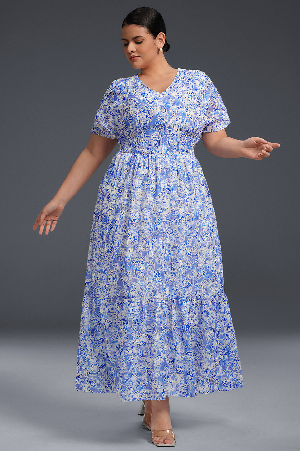 Curveins Plus Size V-Neck Floral Ruffle Hem Maxi Dress
