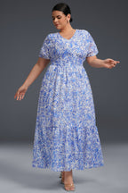 Curveins Plus Size V-Neck Floral Ruffle Hem Maxi Dress