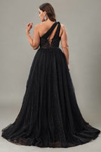 Curveins Plus Size One-Shoulder Waist-Defined Slit Back Cutout Maxi Dress
