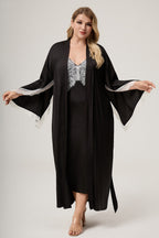 Curveins Plus Size Satin Chiffon Lace Trim Long Sleeve Elegant Robe Sleepwear