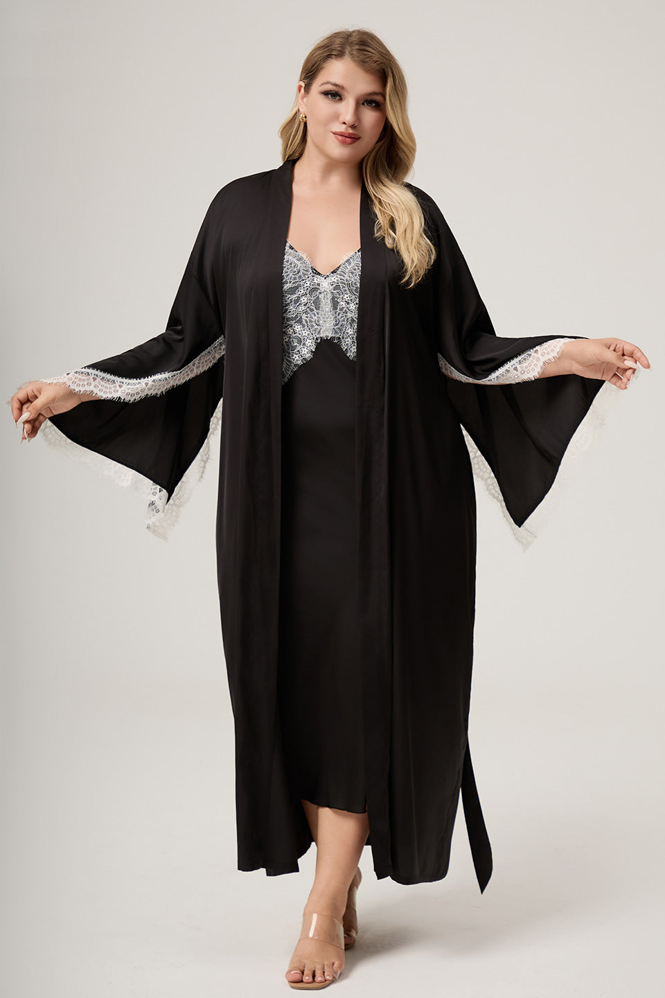 Curveins Plus Size Satin Chiffon Lace Trim Long Sleeve Elegant Robe Sleepwear