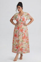 Curveins Plus Size V Neck Batwing Sleeve Cinched Waist Floral Pattern Maxi Dress
