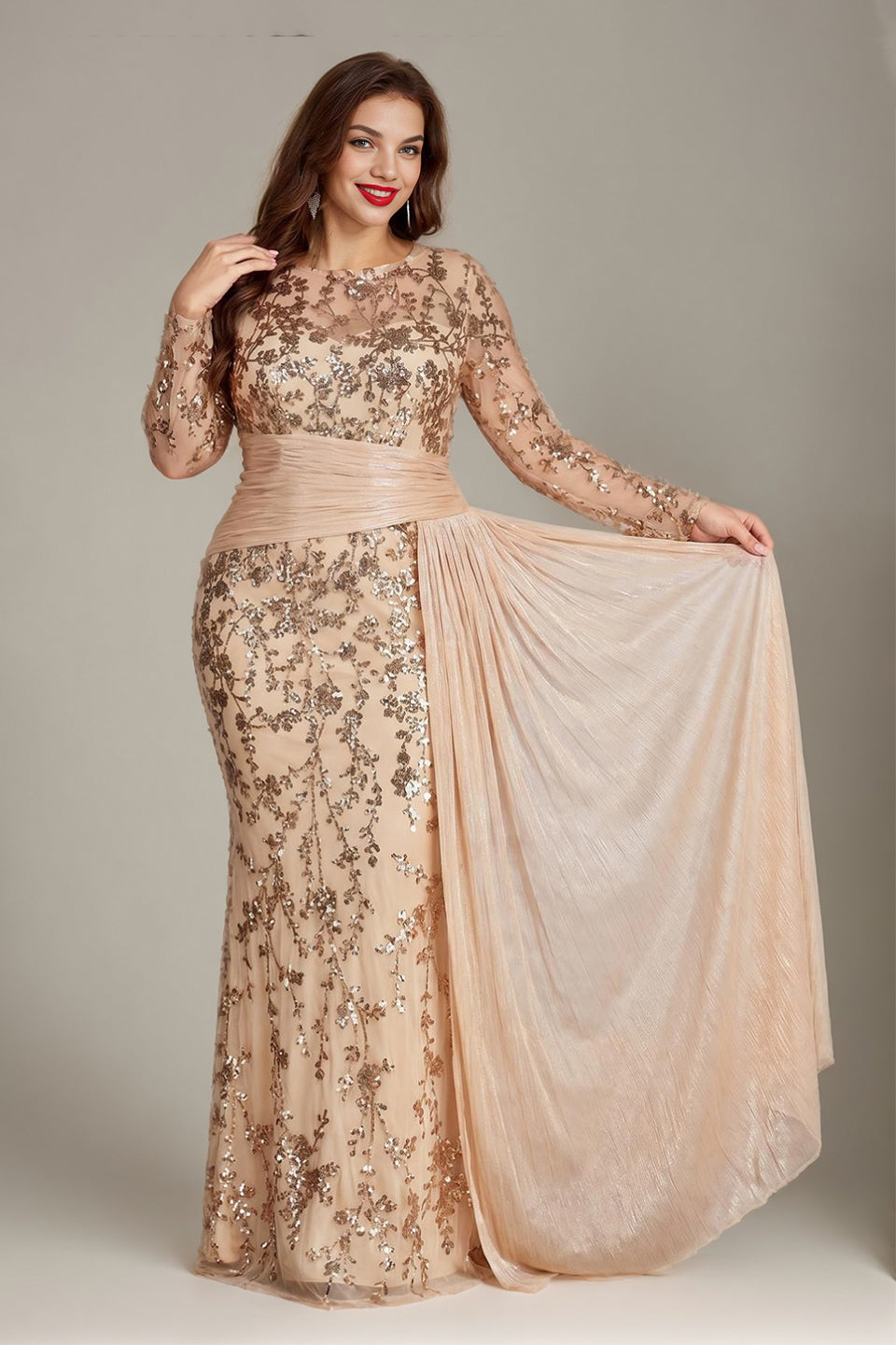Curveins Plus Size Round Neck Embroidered Tie-Sash Bodycon Maxi Dress