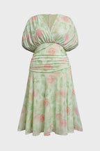 Curveins Plus Size V Neck Puff Sleeve Waist Defining Floral Print Elegant Maxi Dress
