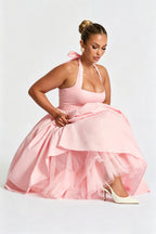 Curveins Plus Size Halter Neck Spaghetti Strap Sleeveless Puff Skirt Midi Dress