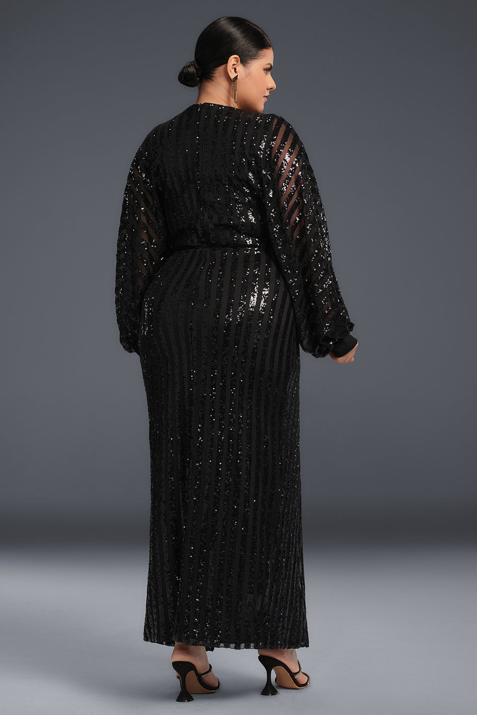 Curveins Plus Size Lantern Sleeve Slit Mesh Dress -Burgundy