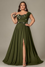Curveins Plus Size Asymmetric One-Shoulder Sequin Side-Slit Maxi Dress