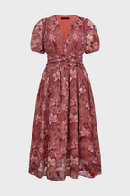 Curveins Plus Size V Neck Short Sleeve Floral Ruched Waist Flowy Elegant Maxi Dress