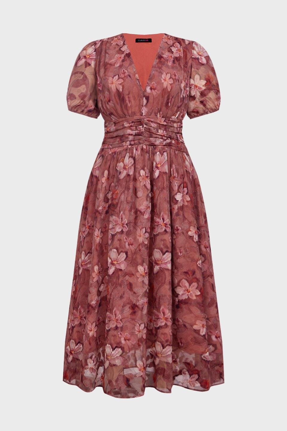 Curveins Plus Size V Neck Short Sleeve Floral Ruched Waist Flowy Elegant Maxi Dress