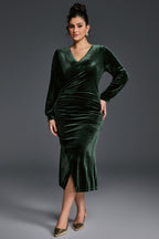 Curveins Plus Size V-Neck Long Sleeves Side Slit Bodycon Midi Dress