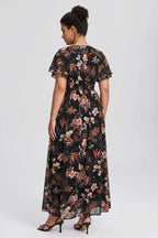 Curveins Plus Size V Neck Batwing Sleeve Floral Print Flowing Maxi Dress
