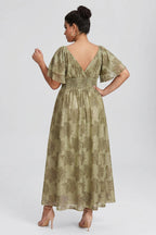 Curveins Plus Size V Neck Batwing Sleeve Plaid Pattern Flowy Maxi Dress