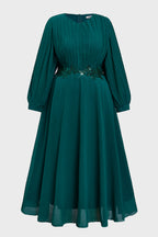 Curveins Plus Size Crew Neck Long Sleeve Pleated Midi Dress