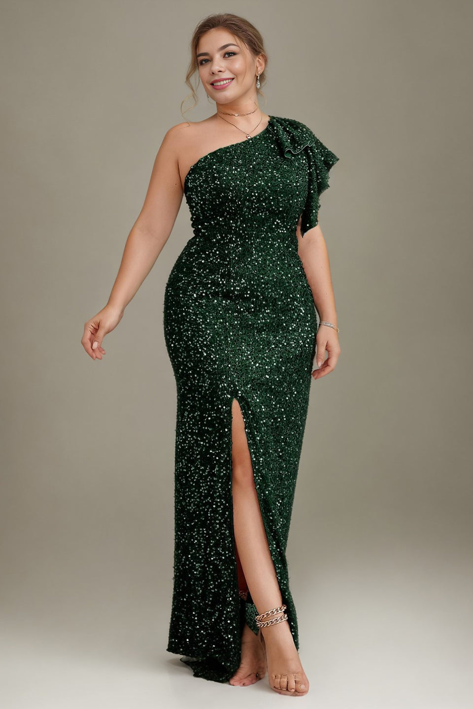 Curveins Plus Size  Sequin One Shoulder Formal Dress