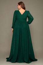 Curveins Plus Size V-Neck Chiffon Maxi Dress with Floral Lantern Sleeves