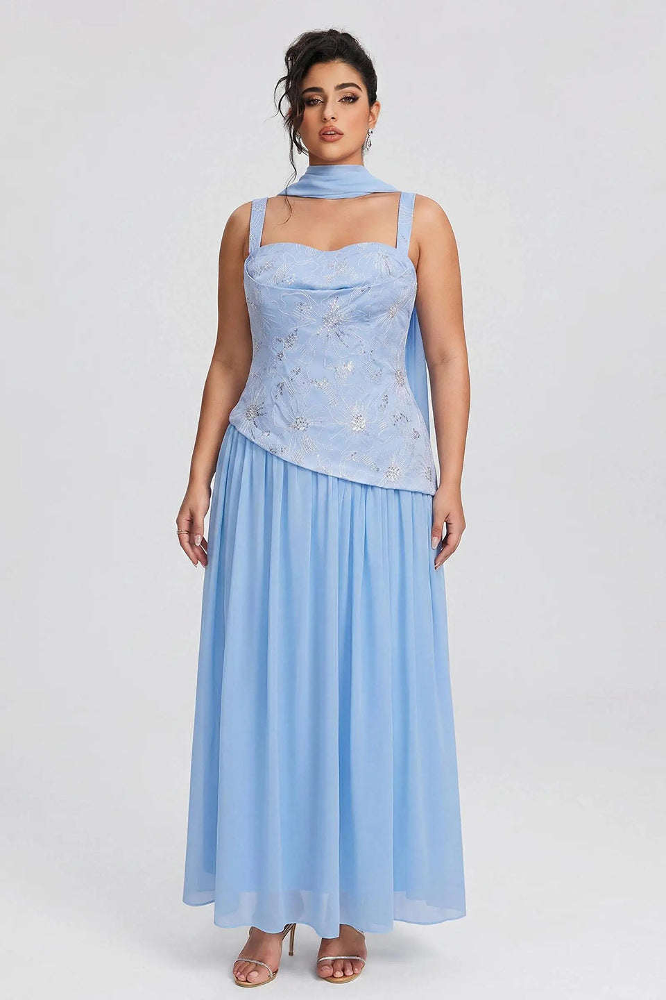 Curveins Plus Size Halter Neck Sleeveless Sequin Patchwork Fitted Maxi Dress
