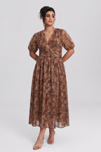 Curveins Plus Size V Neck Short Sleeve Floral Ruched Waist Flowy Elegant Maxi Dress