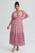 Curveins Plus Size  Floral Smocked Waist Ruffle Sleeve Maxi Dress