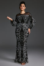 Curveins Plus Size Sheer Round Neck Puff Sleeve Patterned Sequin Bodycon Maxi Dress