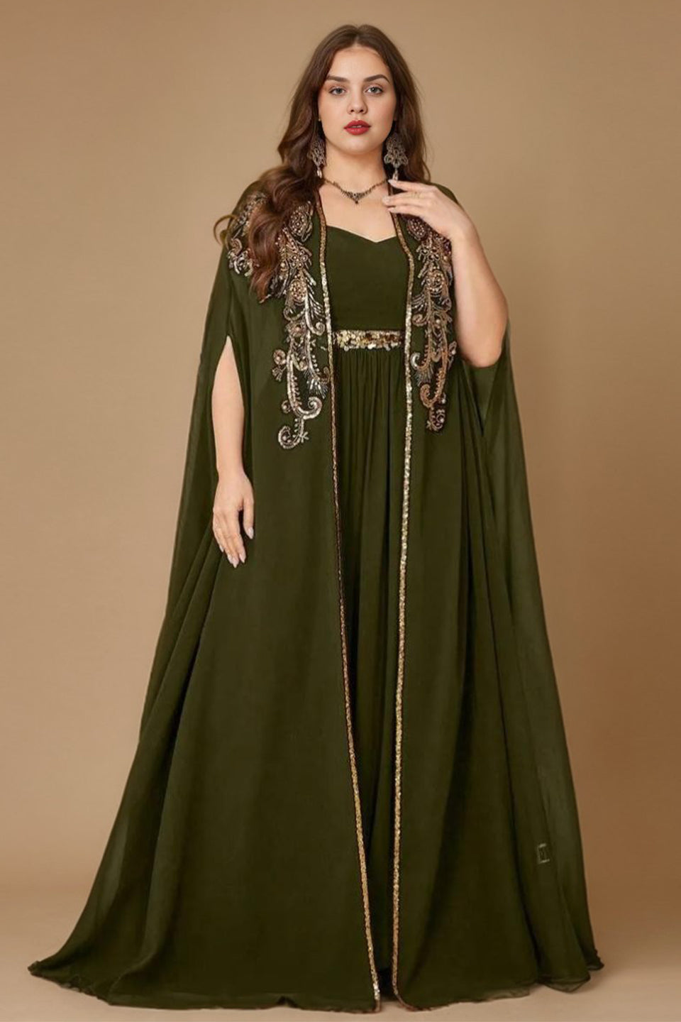 Curveins Plus Size V Neck Ruched Waist Maxi Dress with Cape Sleeve